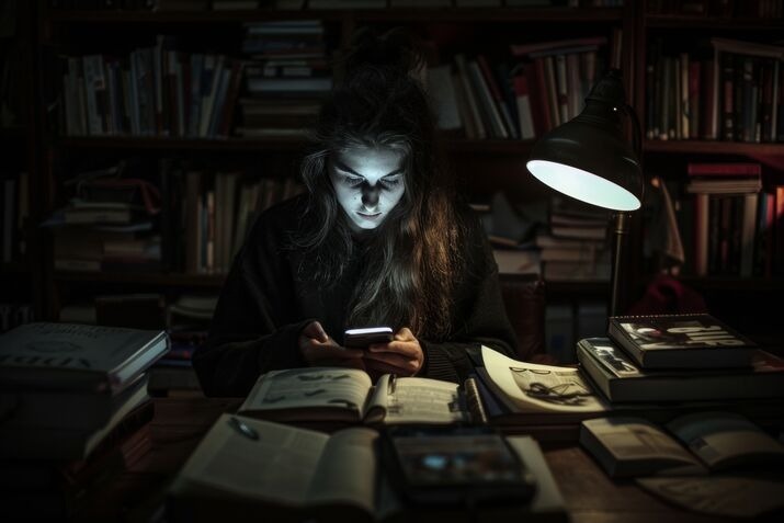 Woman reading and writing late at night in a home library