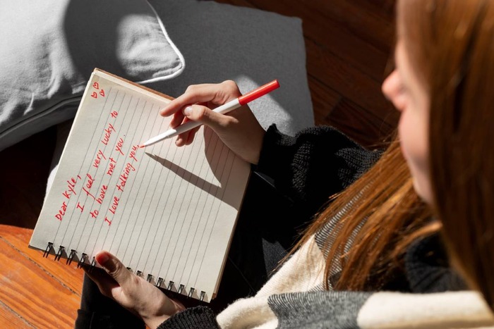 Woman writing a heartfelt handwritten letter in notebook